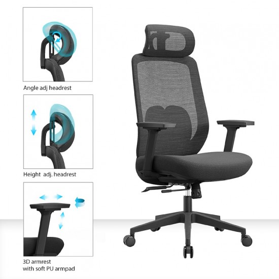 High Back Ergonomic Mesh Office Chair + 2D Headrest : Vela-H