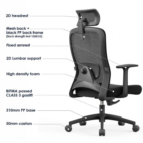 High Back Mesh + Fabric Office Chair: Sammy-H (2D lumbar support)